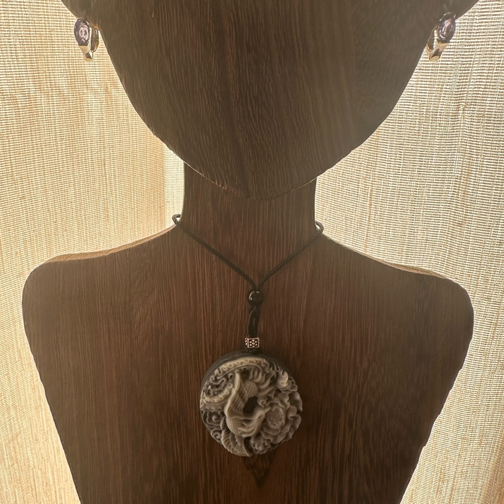 Tai Chi Stone Phoenix an Dragon Pendant Necklace on Black Adjustable Rope - Picture 4 of 13